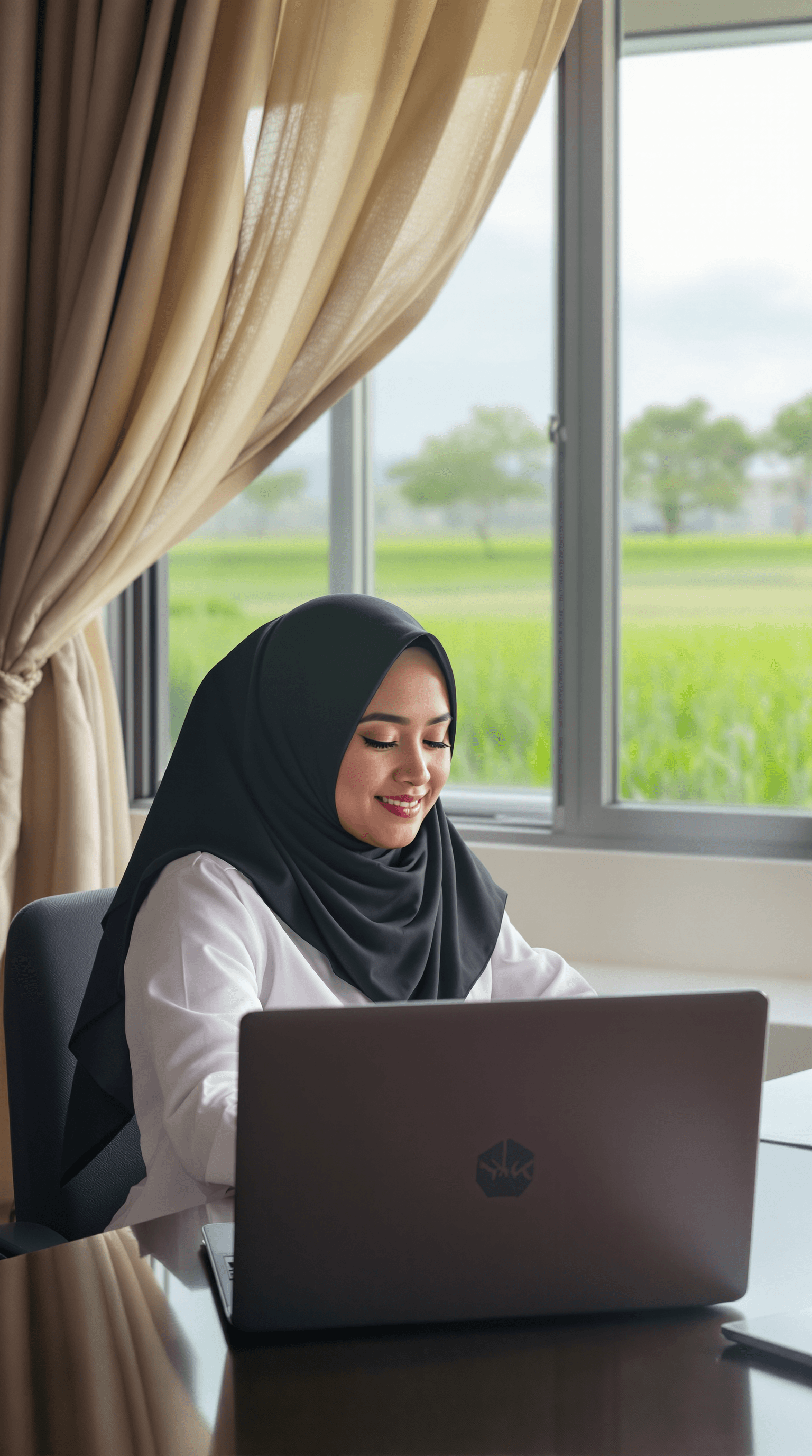 AI generated: an Indonesian woman wearing white civil servant work clothes with a black hijab, sitting in the work...
