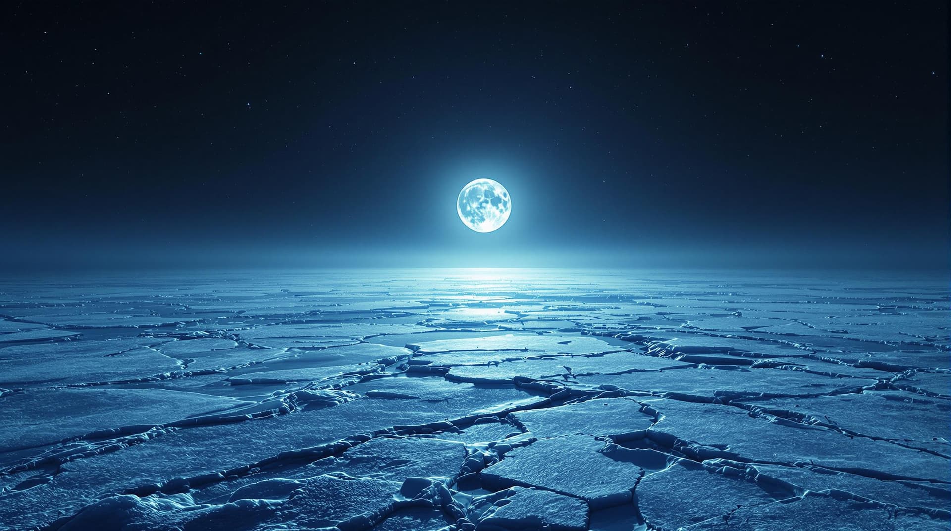 AI generated: A distant view of the planet icy surface, the horizon is lit by an alien moon, the sky above the ice...