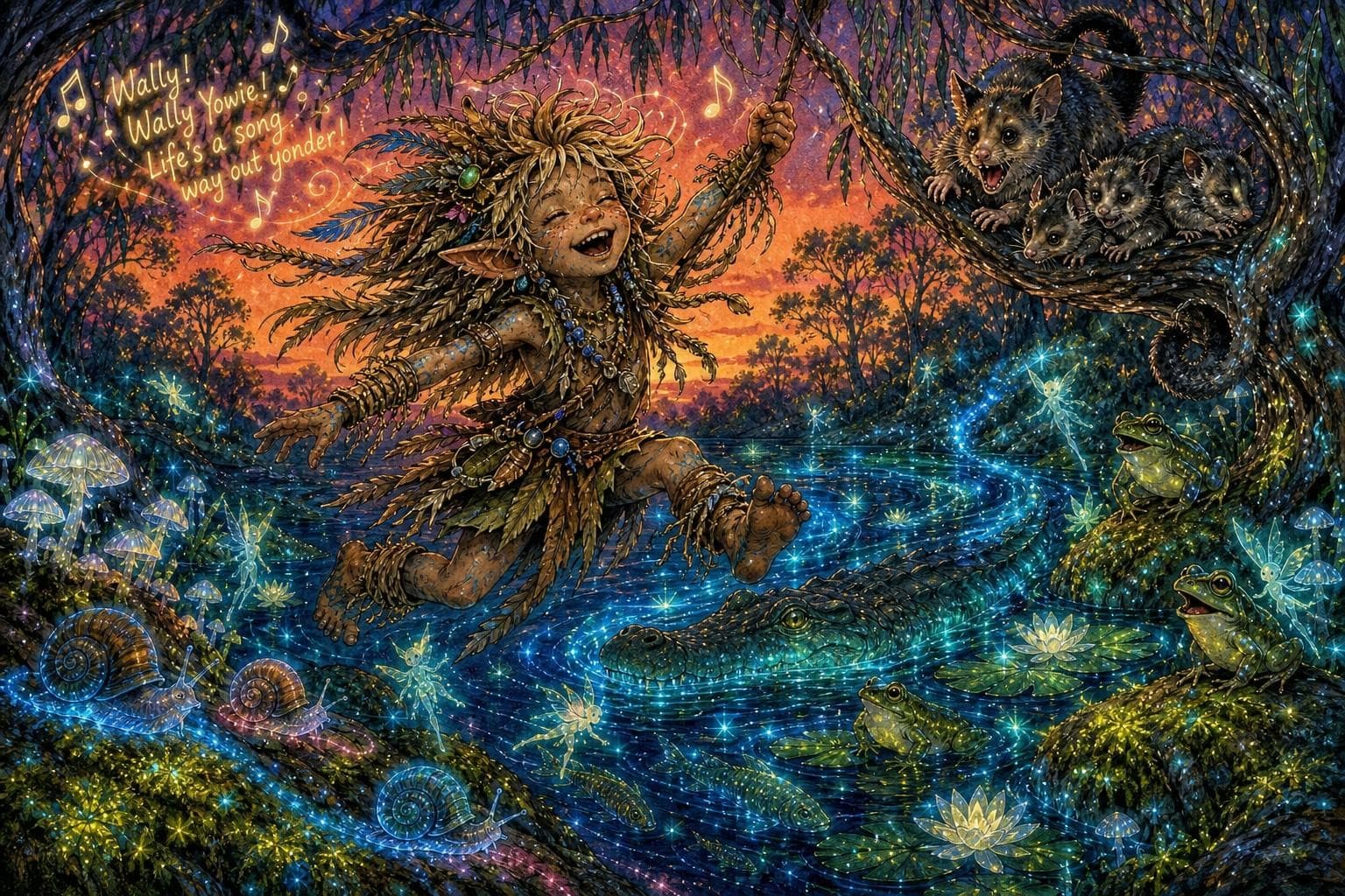 AI generated: In a surreal, whimsical world where Aussiecore DreamtimeFunk meets WyldeFey elemental aesthetics, a ...