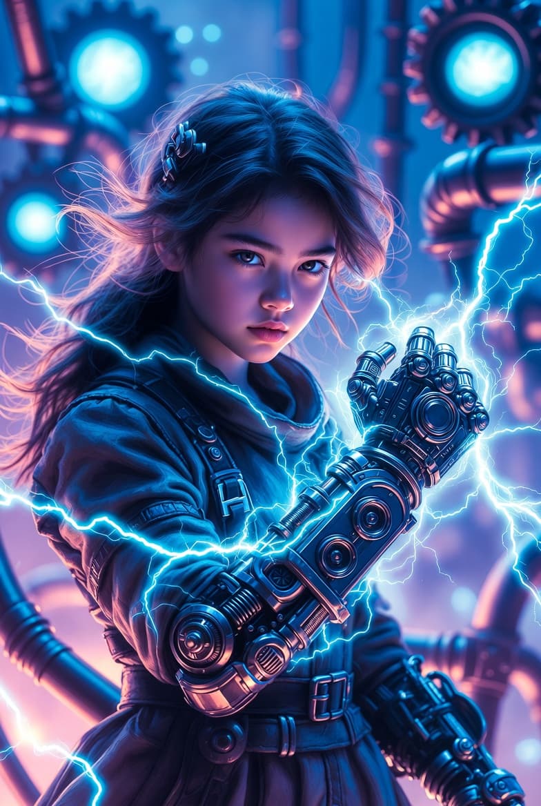 AI generated: Digital painting in a realistic fantasy art style with strong steampunk influences. 
Depict a young ...