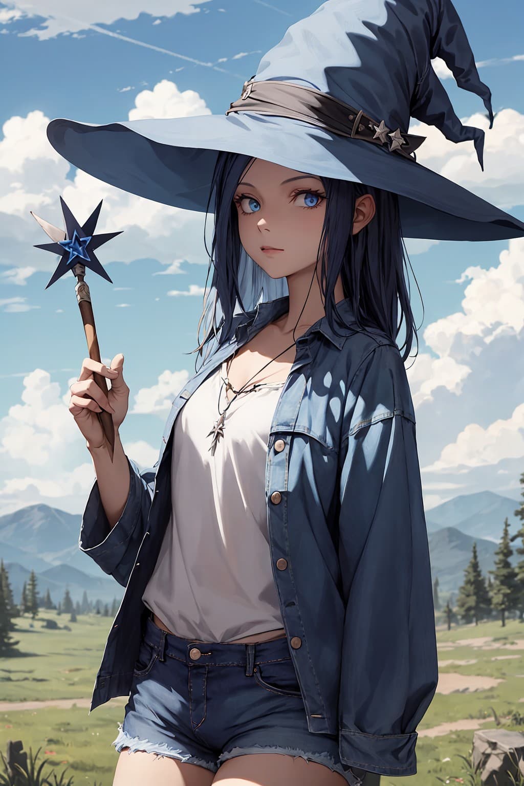 AI generated: Witch, color Denim blue, witch hat, witch outfit with jean shorts, wand with a cloud ontop, best "Wi...