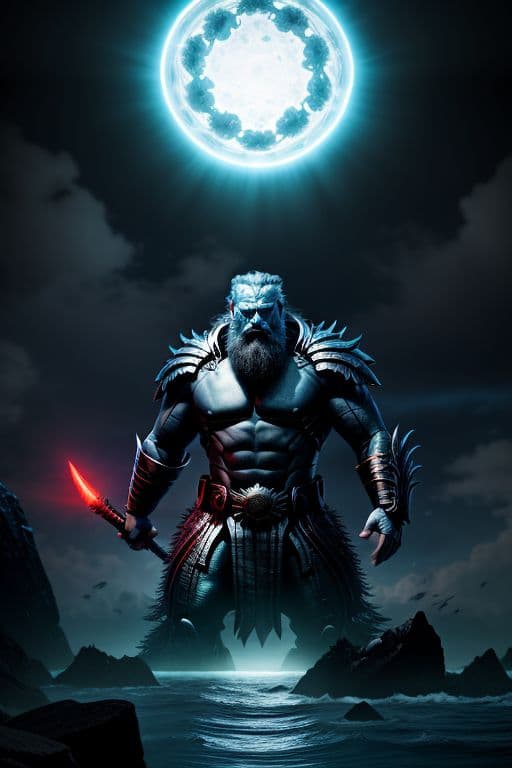 AI generated: God of the sea(greek roman mythology:Poseidon), In the endless blue sea, A proud and pious appearanc...