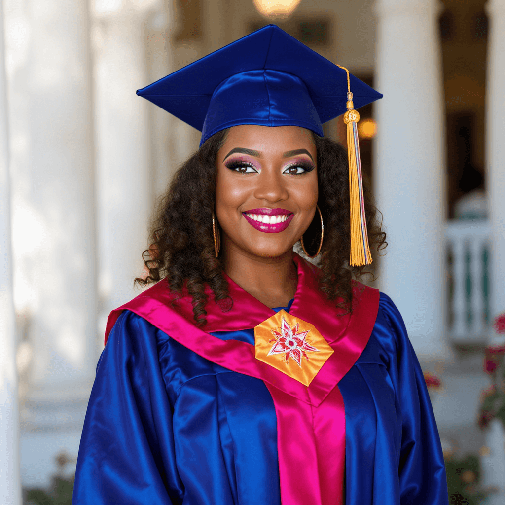 AI generated: a beautiful 29 years woman on her graduation day, where she is wearing beautiful gown and her gradua...