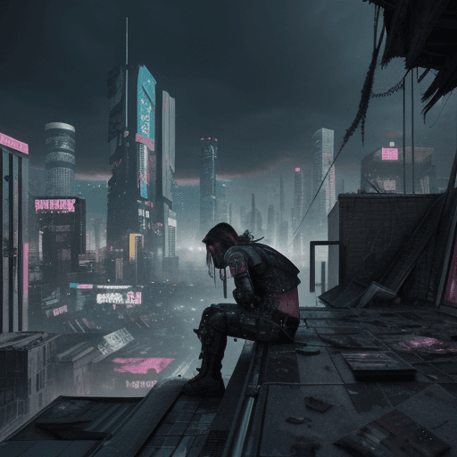 AI generated: someone takes drugs on a roof and in the background is a destroyed cyberpunk world, 