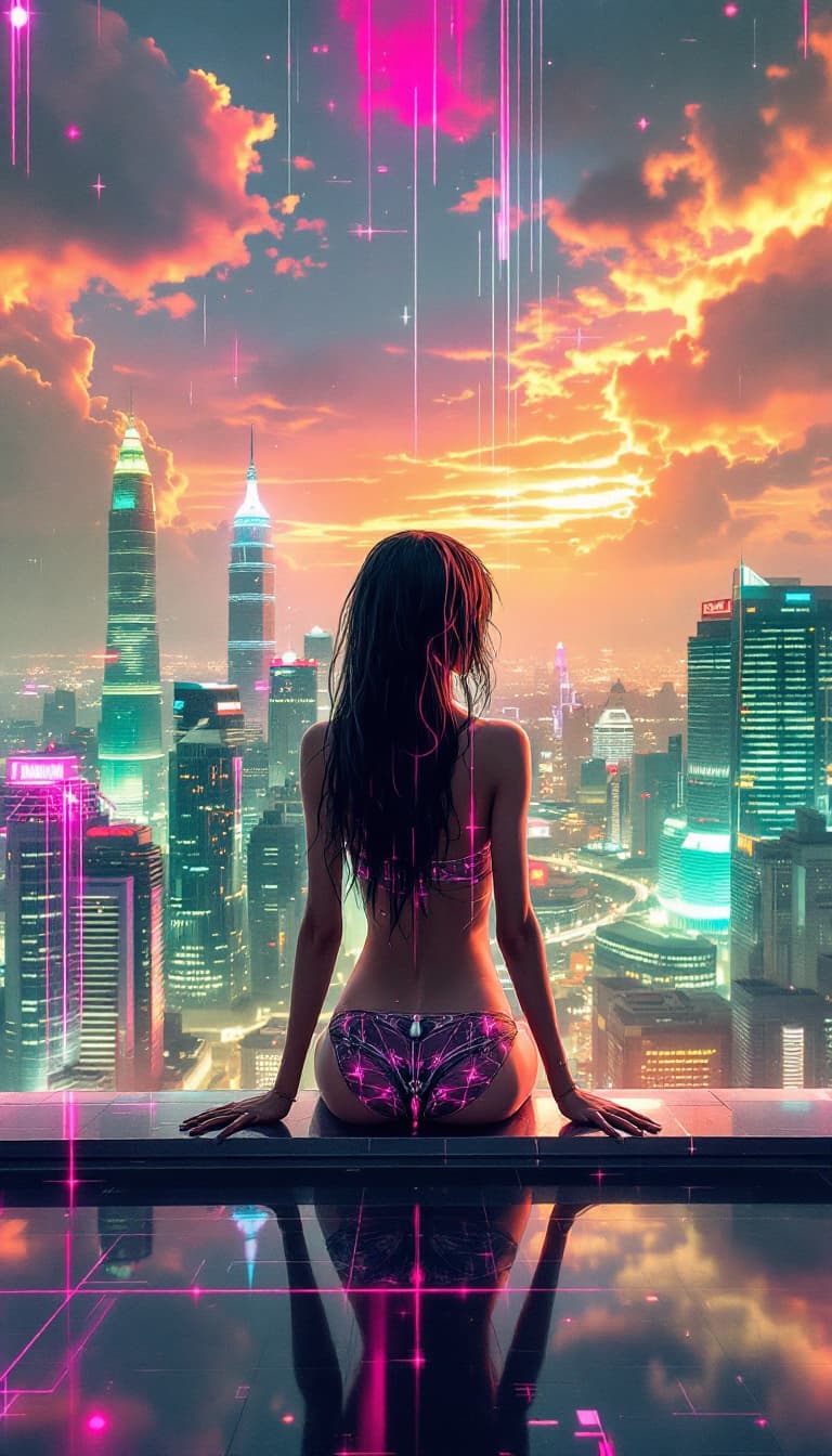 AI generated: A visually stunning photo of a female cyberpunk, looking upon the dynamic Singapore skyline | center...