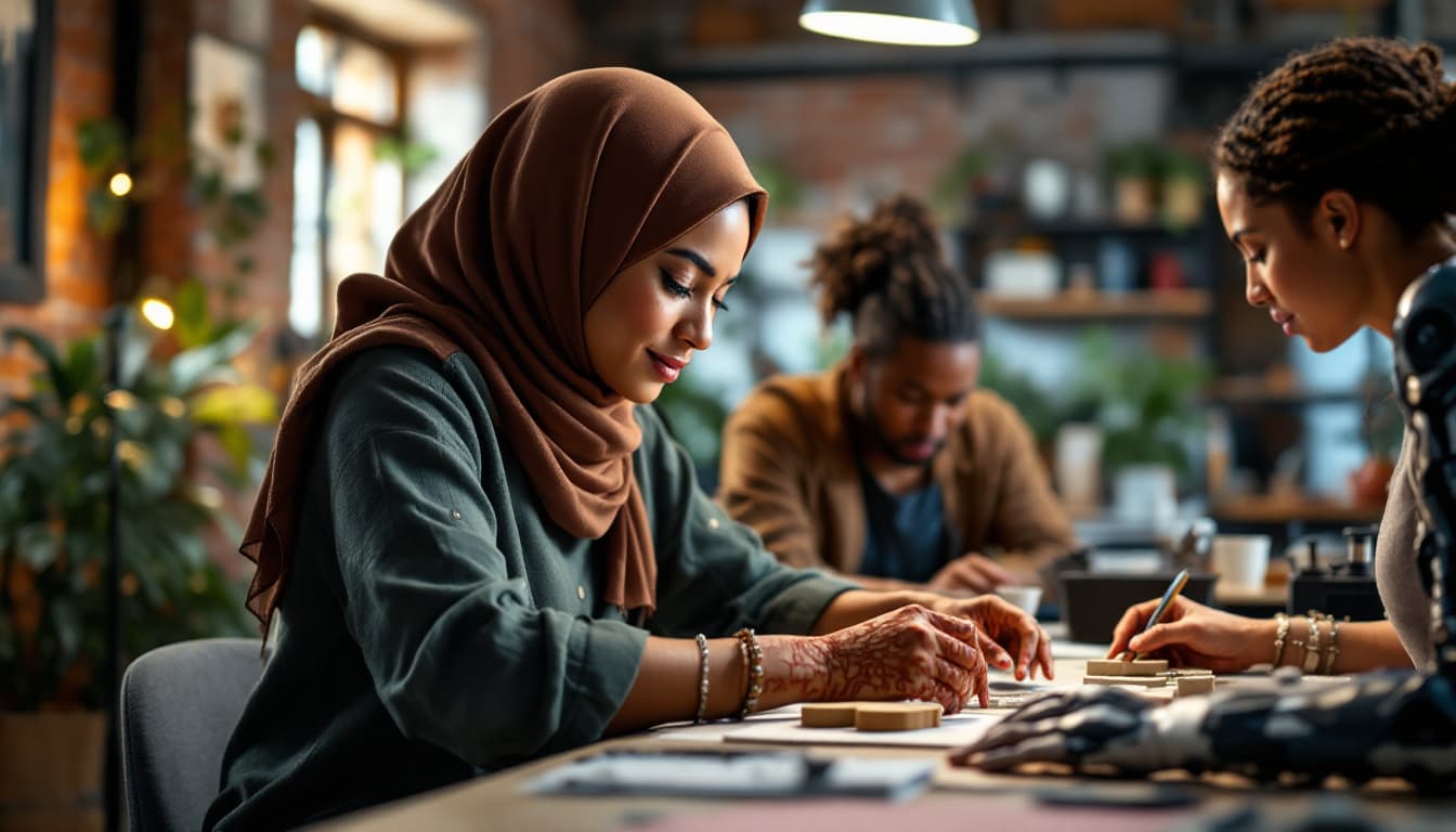AI generated: /imagine prompt: Cross-cultural design sprint in loft studio, Muslim woman (hijab fabric texture vis...