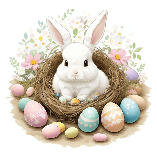 AI generated: A whimsical digital watercolor illustration of a cute, fluffy young bunny surrounded by three vibran...