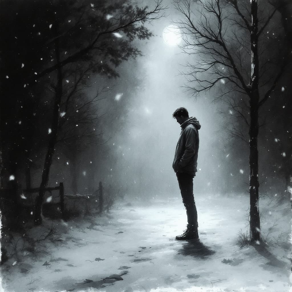 AI generated: Artistic illustration of a frozen winter night, December's biting cold, lone figure (man) standing s...
