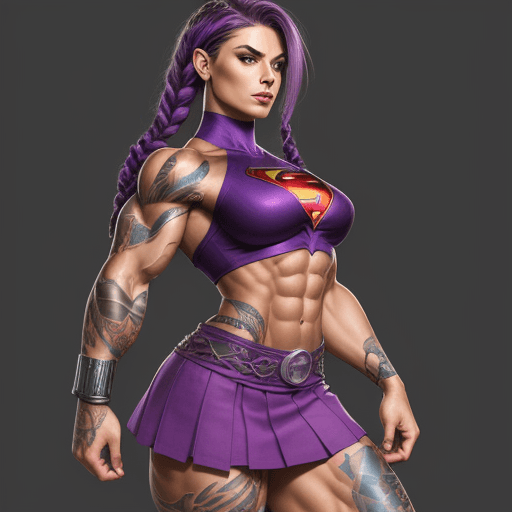 AI generated: muscular woman, tattoos, purple braided hair, superhero outfit, short skirt