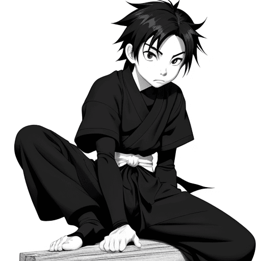 AI generated: no color, perfect anime illustration, portrait of a ninja Boy, sitting, {{{{{{black and white style}...