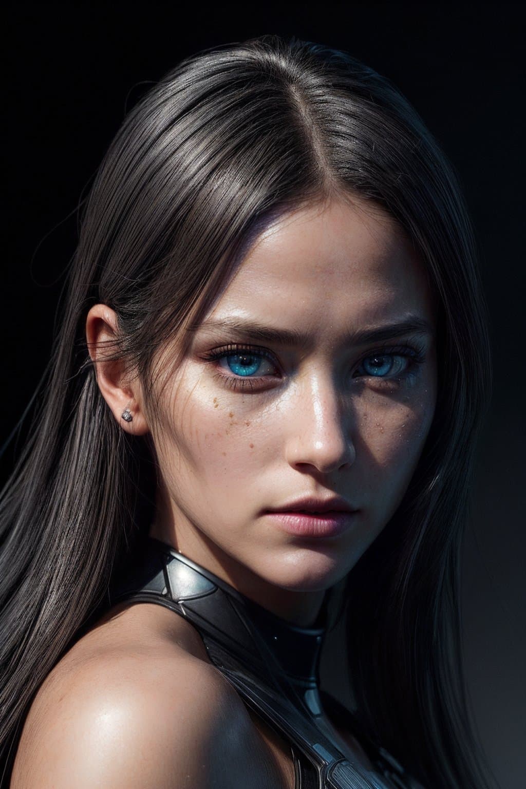 AI generated: a futuristic female bounty hunter, (beautiful detailed eyes, symmetrical eyes, (detailed face), dram...