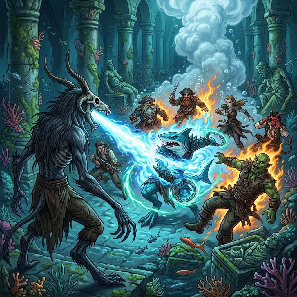 AI generated: a tall thin animal skulled man blasts fire into a anthropomorphic shark spinning holding two magical...