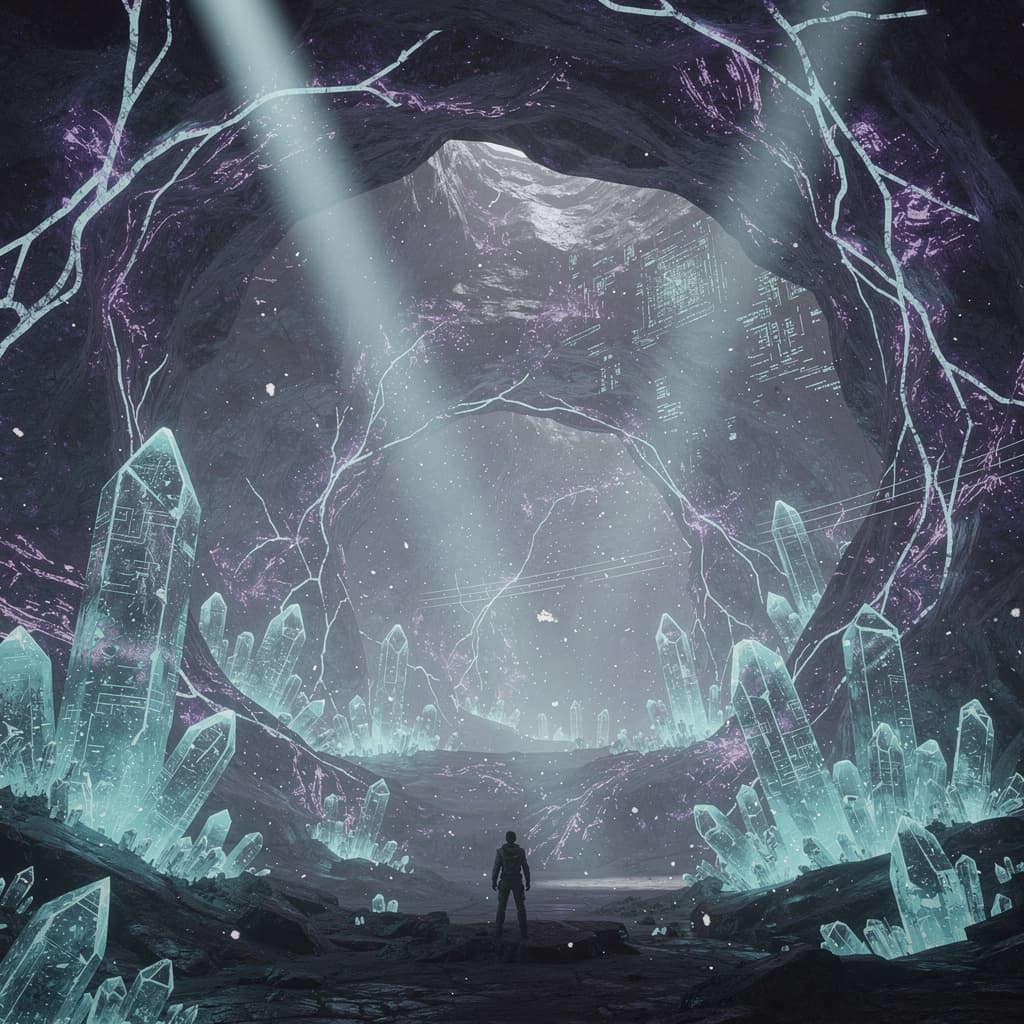 AI generated: entrance to massive digital energy mine, glowing cyan #00D4FF crystal 
formations inside enormous ca...