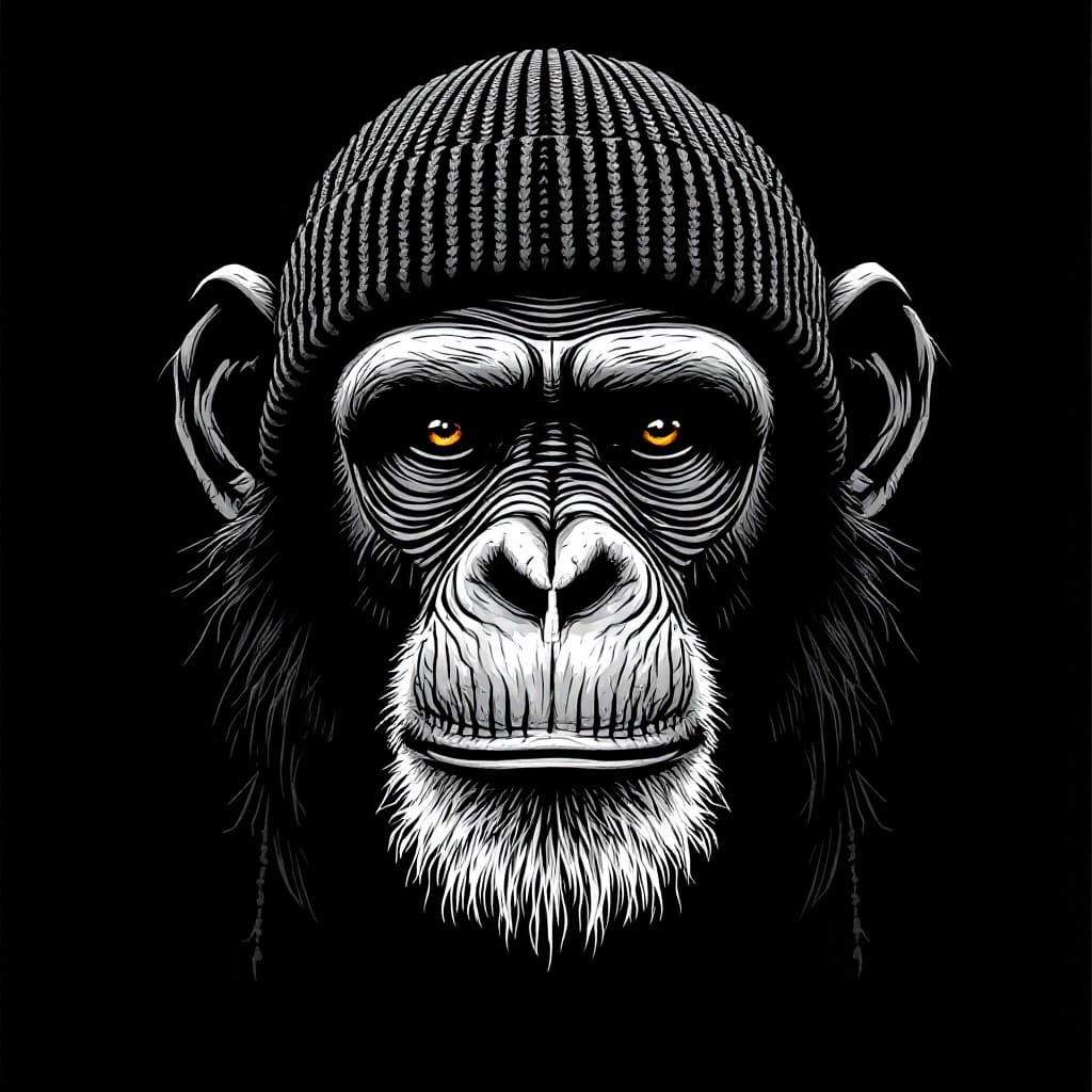 AI generated: chimpanzeeface, drawn in flat white ink on a ribbed knit balaklava (3-holes skimask)