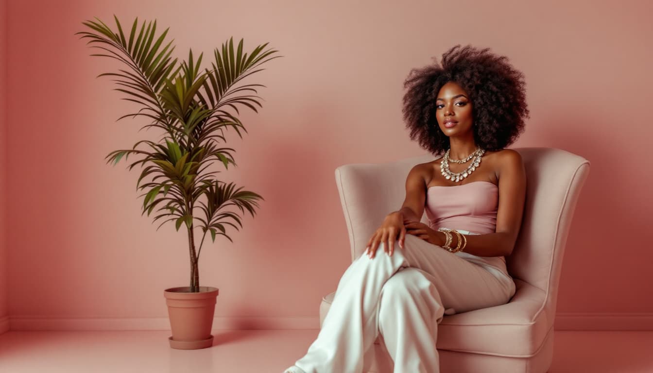 AI generated: image of a afro american lady from the 80s sitting on a chair with a tall plant next to her . the fl...