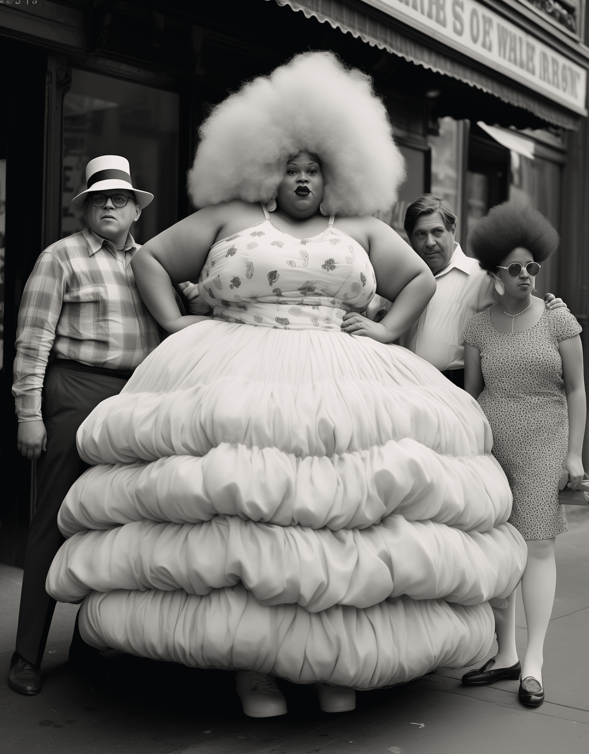 AI generated: Vintage black and white street photography of fat woman in big wig, standing on the sidewalk with fr...