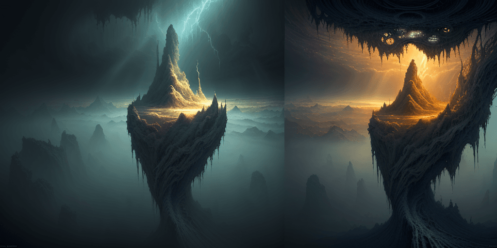 AI generated: a dreamy panoramic landscape, a horrible dreamscape in a parallel universe, a warning for those who ...