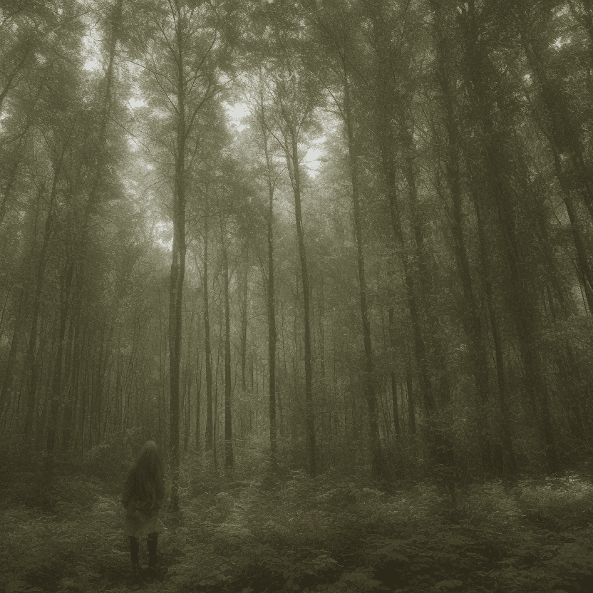 AI generated: A woman is standing in a forest, surrounded by tall trees and dense foliage. The lighting in the ima...