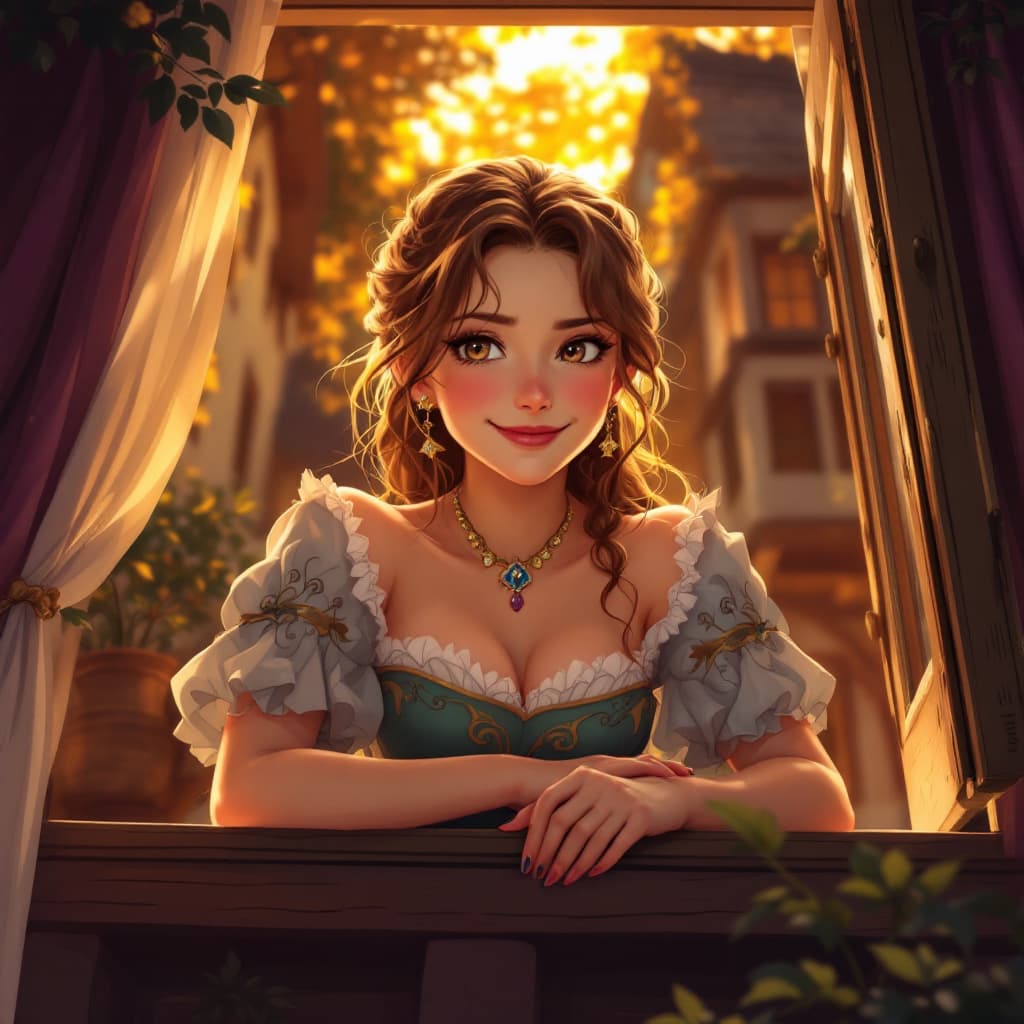 AI generated: Create a anime illustration of a medieval princess. The scene should be captured from a low angle, e...