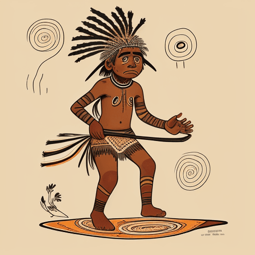 AI generated: photo of an aboriginal person finding his way home using Aboriginal songlines. Make the drawing styl...