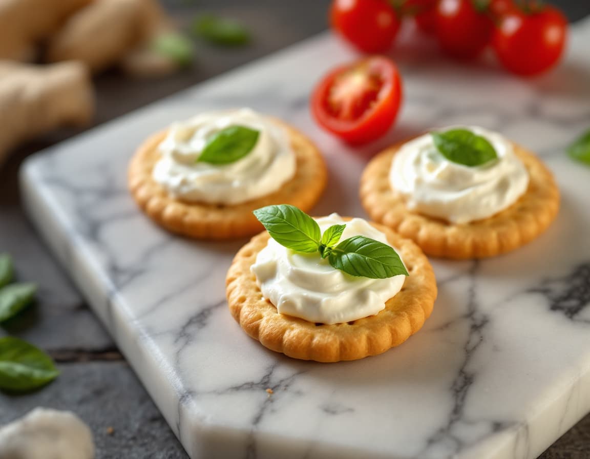 AI generated: An ultra-realistic photo of a few round crackers with white dips on top. Decorated with a basil leav...