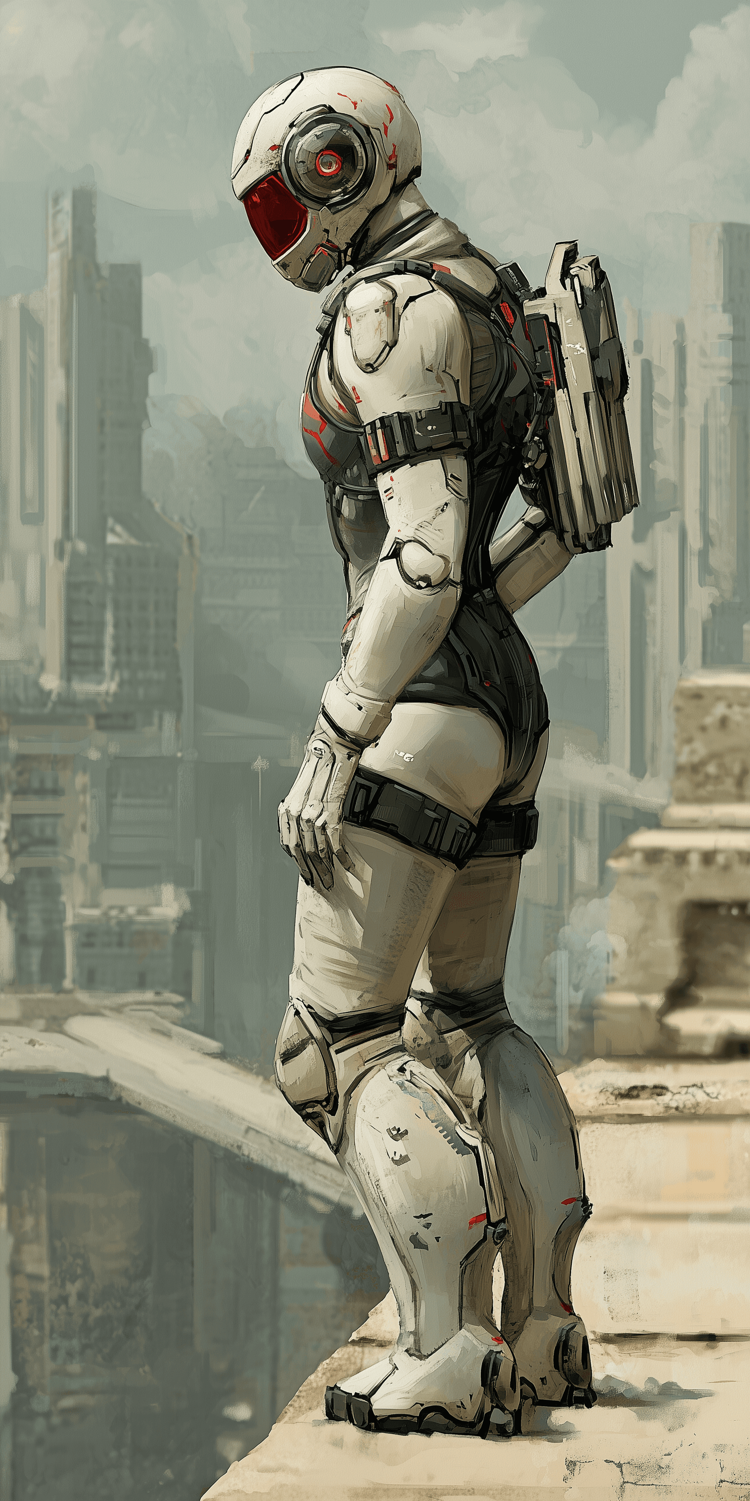 AI generated: A white female robot with red eyes, wearing high-tech combat gear and standing on the edge of an anc...