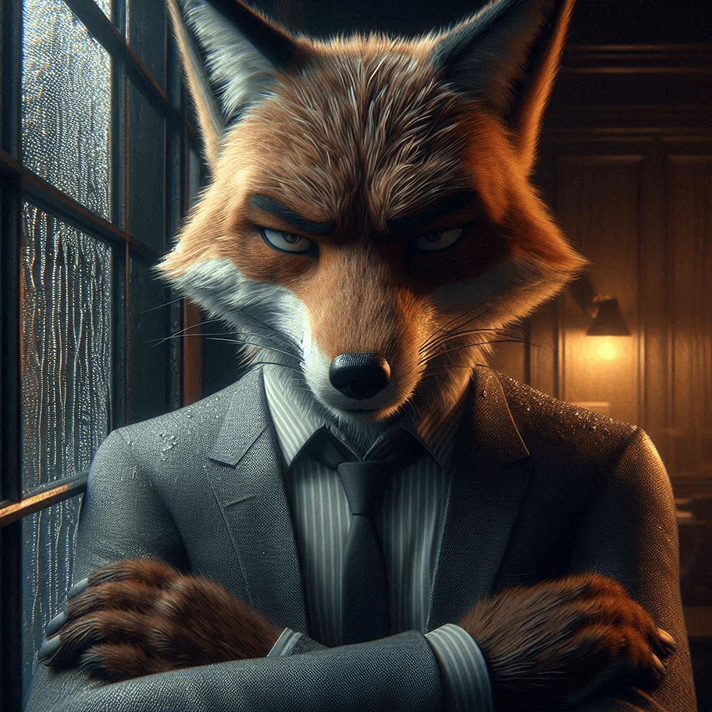 AI generated: Close-up cinematic professional 3D animation of a fox man with sleek fur and piercing eyes, standing...