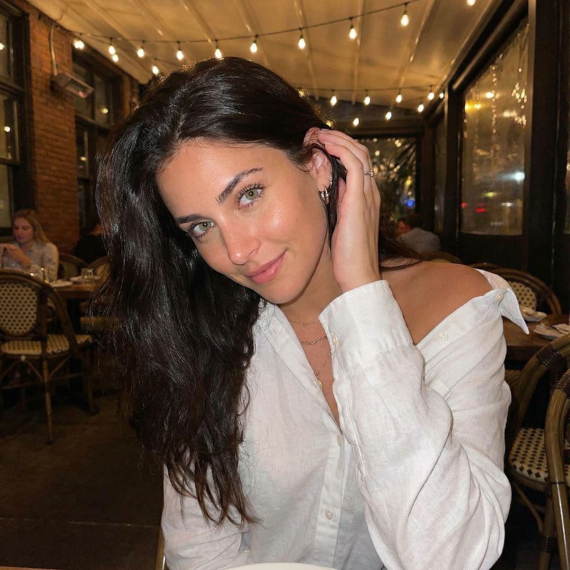 AI generated: Date night with a beautiful mature female instagram influencer. She has green eyes, silky and shiny ...