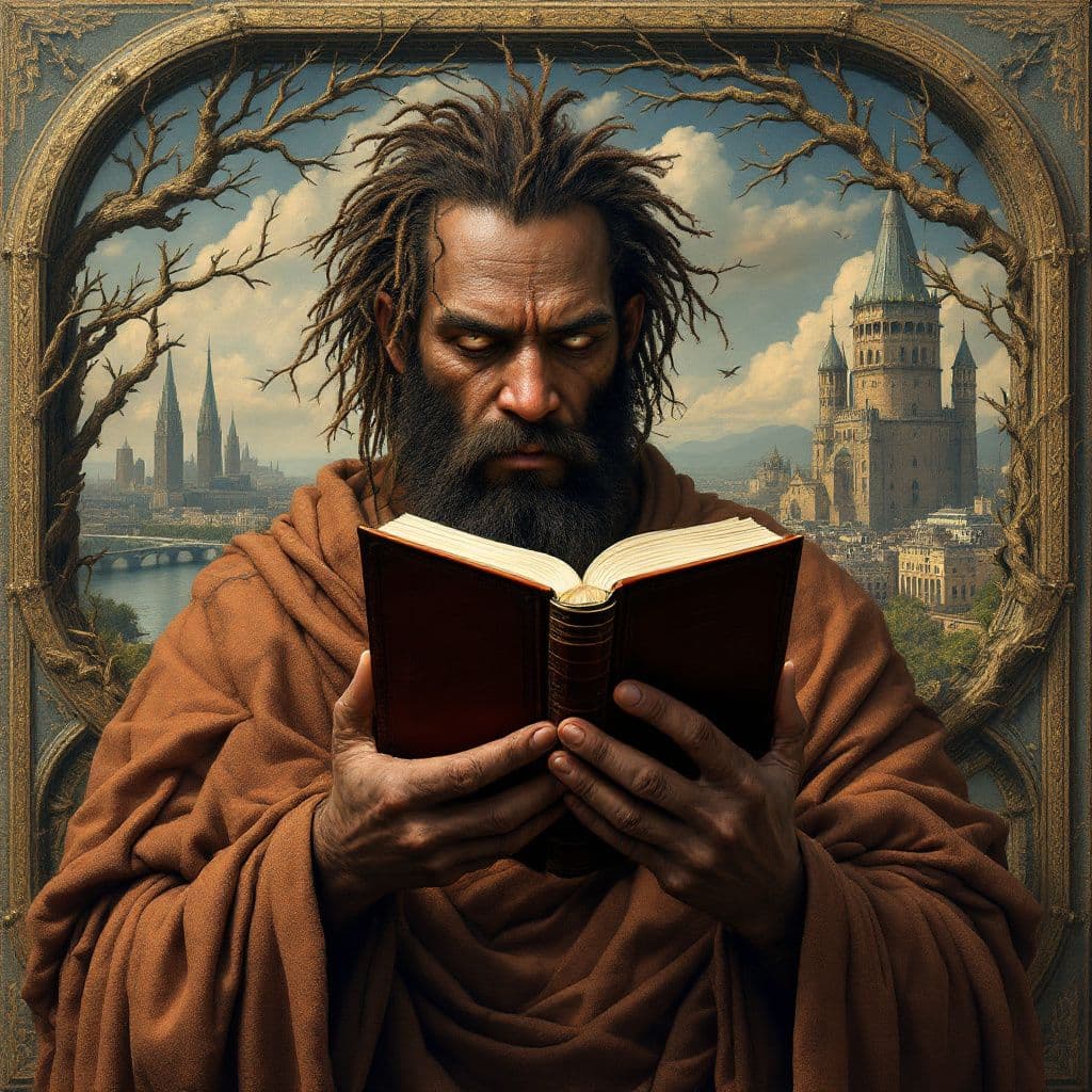 AI generated: The position of the book in the hands of a primitive man is a sign of human development
City and riv...