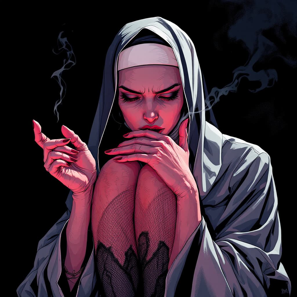 AI generated: Comic book cover illustration, full body shot of a white-haired nun, smoking, knees up, apathetic on...