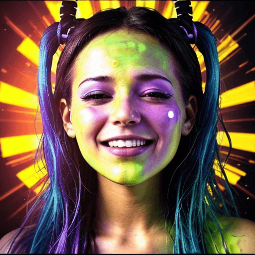 AI generated: melodic techno rave music inspired, , expressive face, sun flares on her happy party face, 