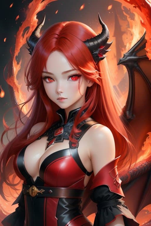 AI generated: best quality, masterpiece,Red hair, (red eyes:1.4), dragon girl, fire, magic, fire vortex, detailed ...