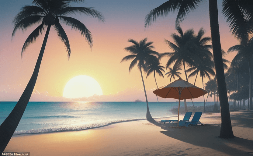 AI generated: painting of a beach chair at sunset under palm trees, natural light, concept art, by greg rutkowski,...