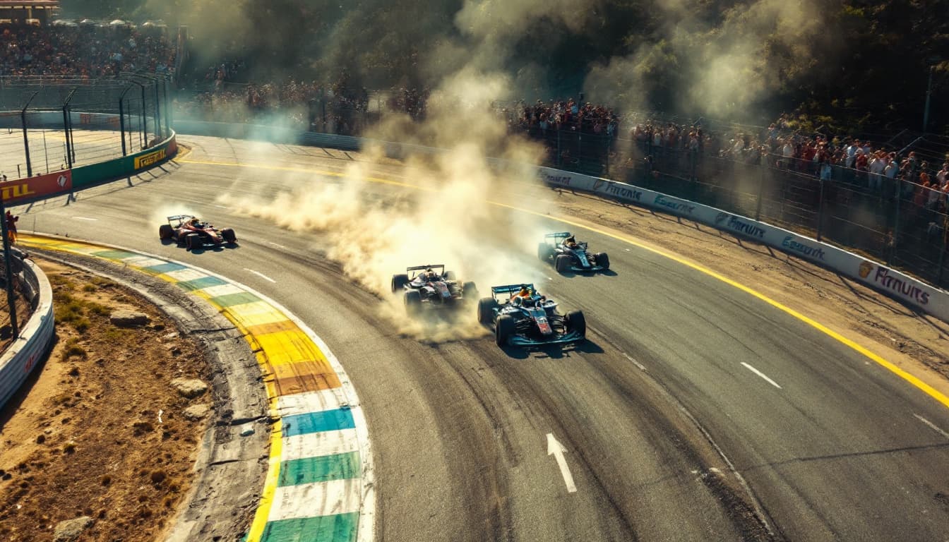 AI generated: The race track is well lit by sunlight.       Ahead, two cars collide on the track at a sharp turn a...