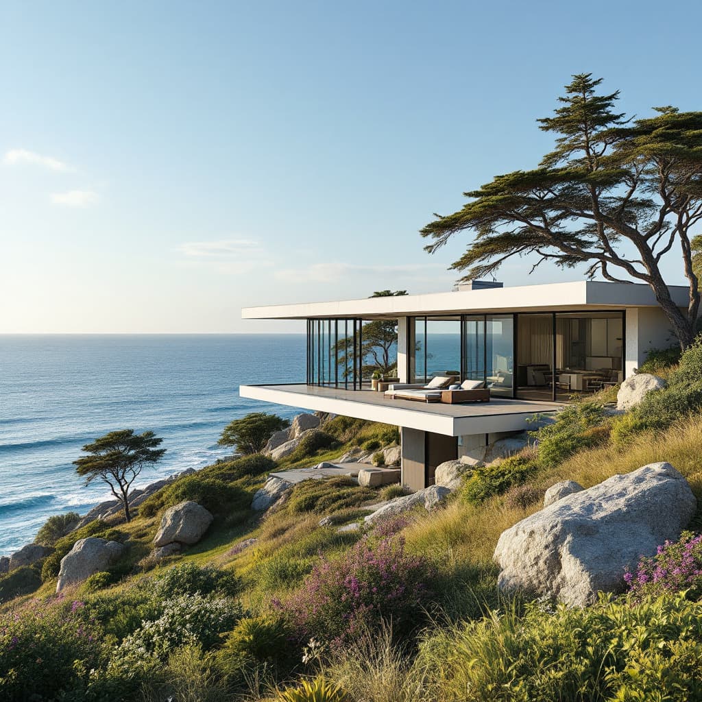 AI generated: Hyper realistic eye level exterior photo of a mid century modern style house overlooking the ocean, ...