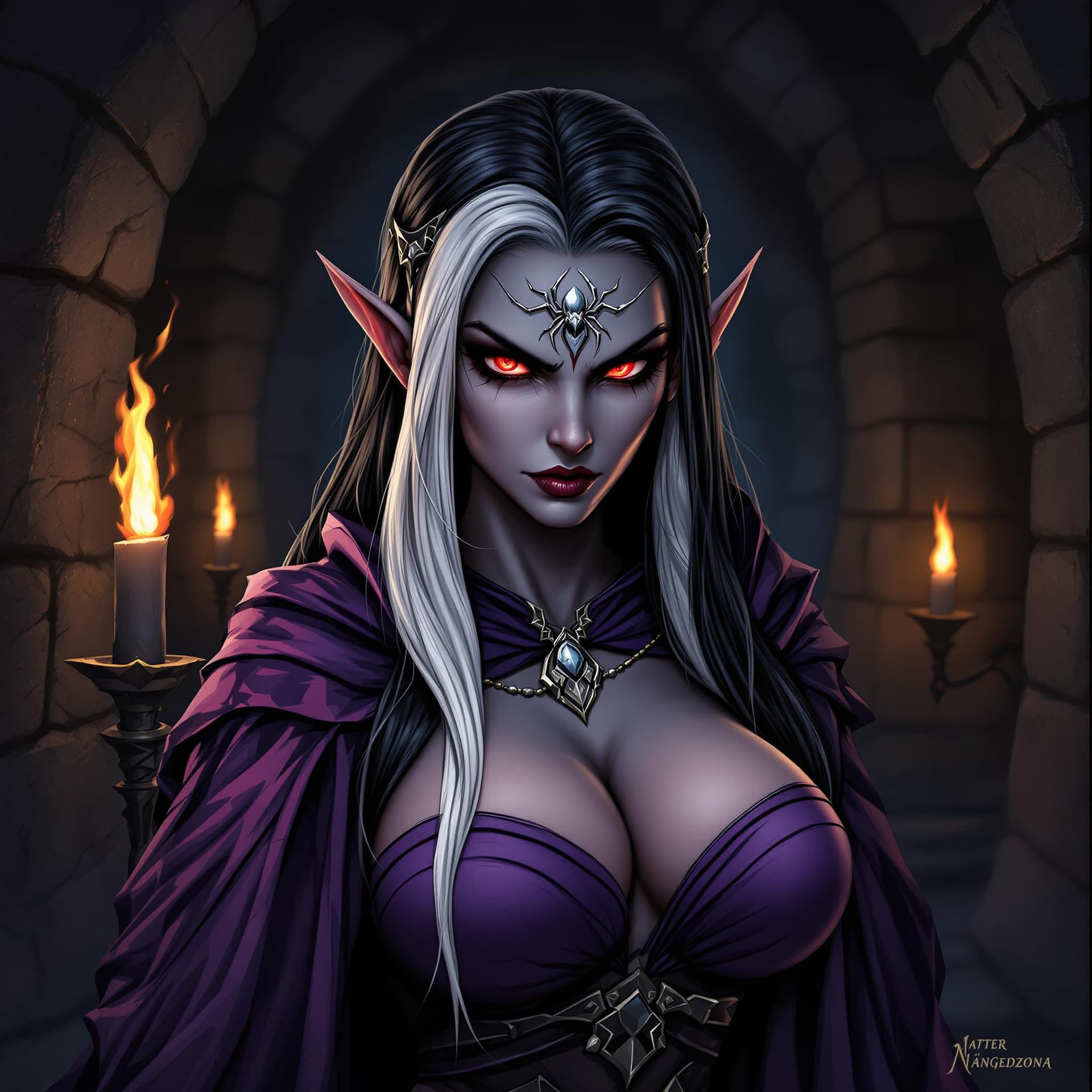 AI generated: Realistic fantasy cartoon. Beautiful gray dark-skinned drow elf, mature woman in purple-black robes,...