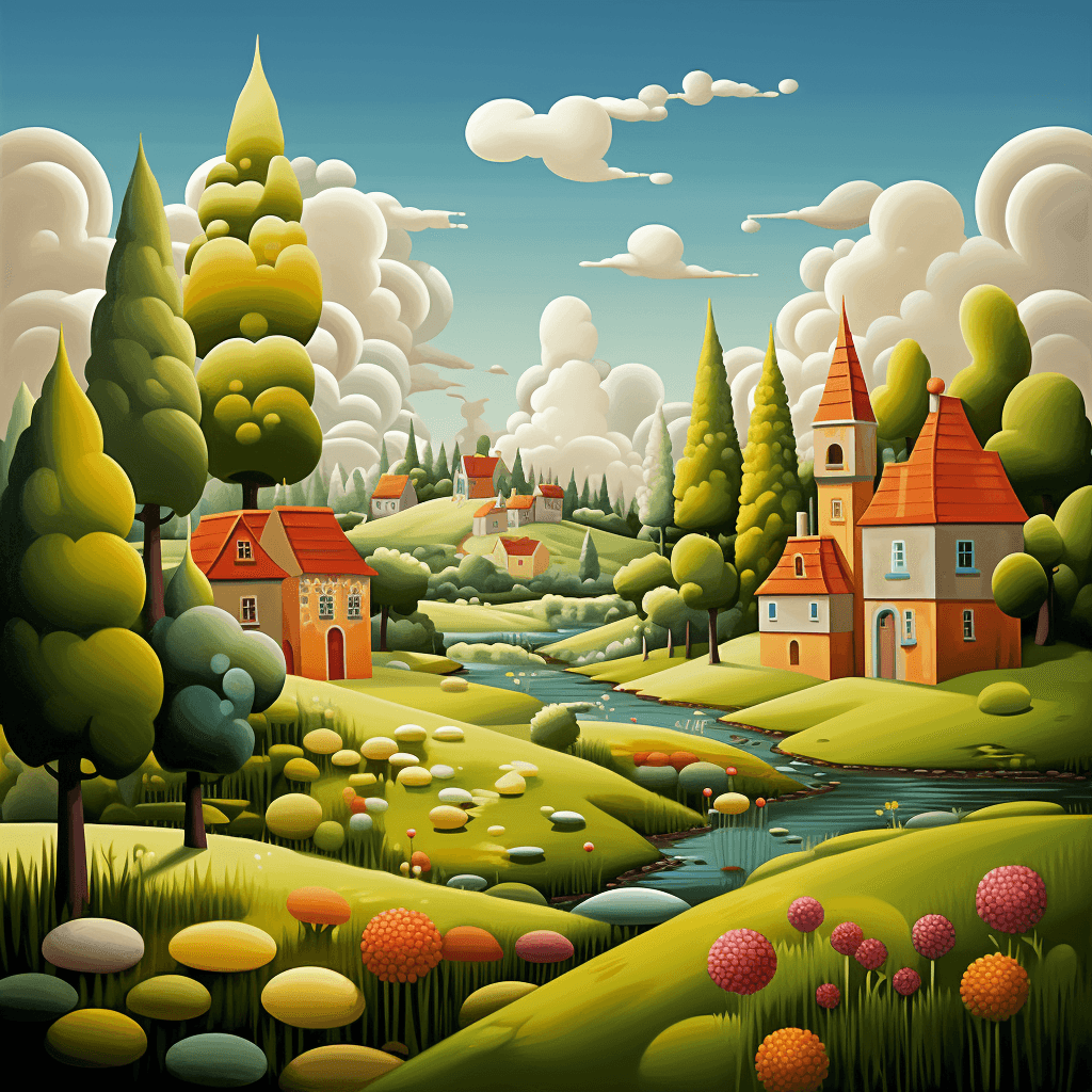 AI generated: Fantasy Country Houses on a grassy edge of forest, kids, landscape, pastel soft colors, Paul Corfiel...