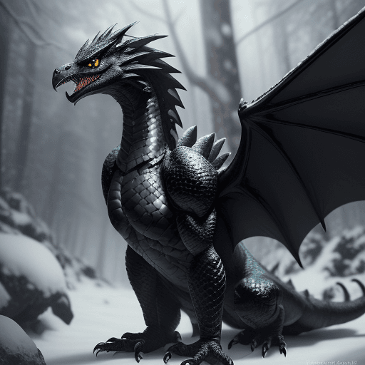 AI generated: handsome cute black dragon in snowy forest, dnd character, background focus, fantasy, magic, realist...