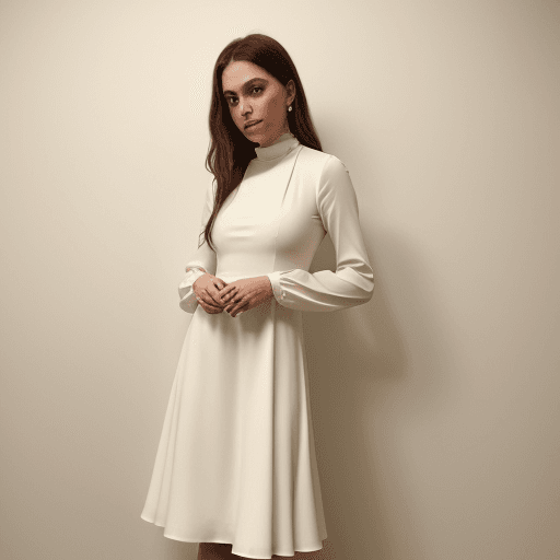 AI generated: The image is a full-length portrait of a woman in a flowing cream dress. The dress features a high n...