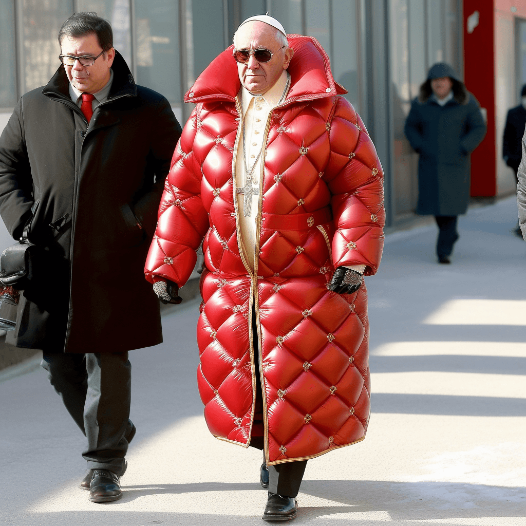 AI generated: The Pope wearing a full length red down shiny puffy jacket, gold cross jewelry, gold rings --q 5 --v...