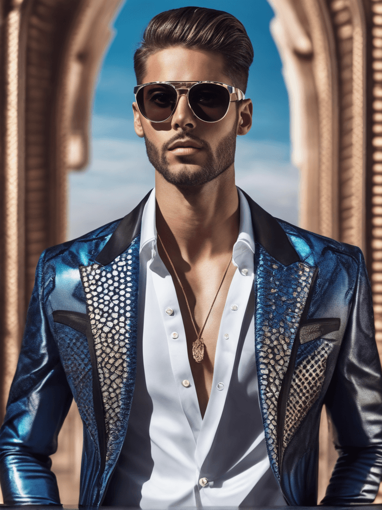 AI generated: a centered male model, fashion model, intricate background, futuristic designer outfit, award-winnin...