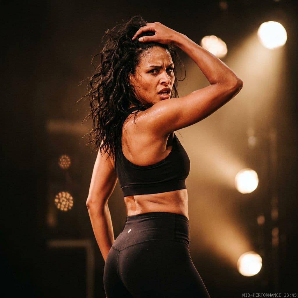 AI generated: {
  "subject_and_concept": {
    "subject": "A dynamic female dancer captured mid-performance.",
   ...
