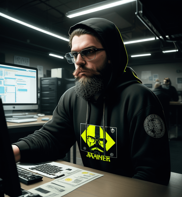 AI generated: hacker, darkroom, coder, computer, man, medium beard, cool, grunge, (typing), ultra detailed and det...