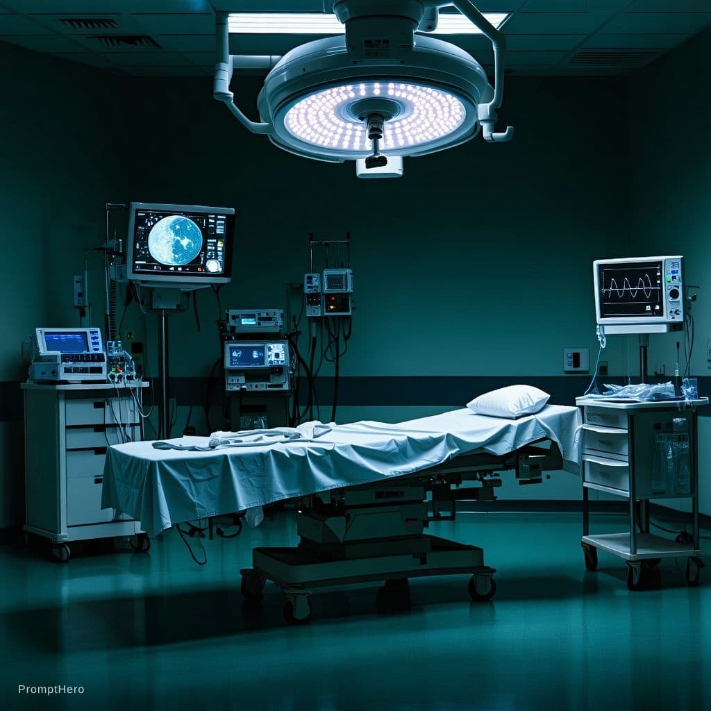 AI generated: an operating room for Ille legal human organ trafficking that is dimly lit, showing an overhead OR l...