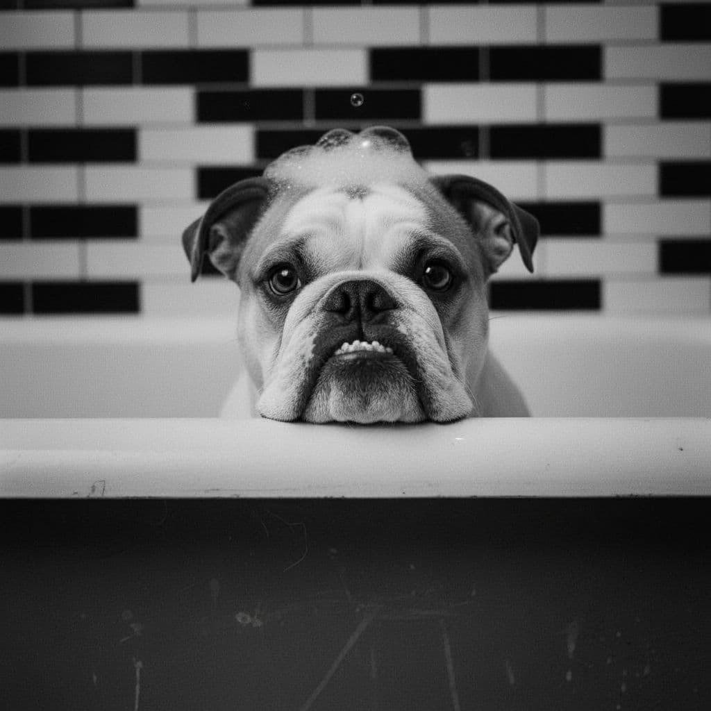 AI generated: Add soap bubbles to it's head and the back wall should be subway style shower tiles