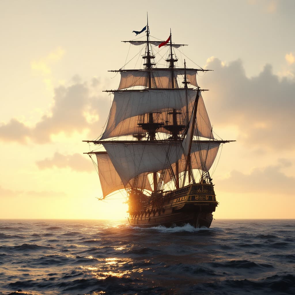 AI generated: Photo of a ultra realistic sailing ship, dramatic light, pale sunrise, cinematic lighting, battered,...