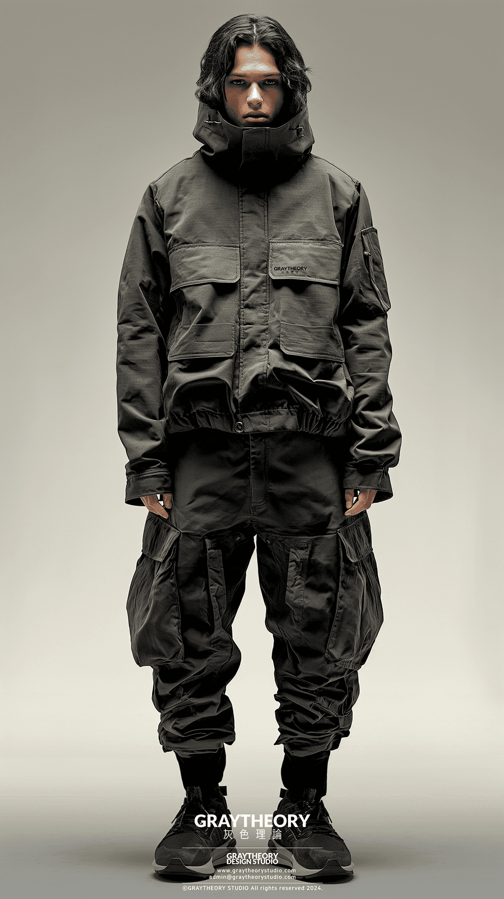 AI generated: Photograph, urban millitary, technical materials, fabric small point label on text 'Graytheory', sma...
