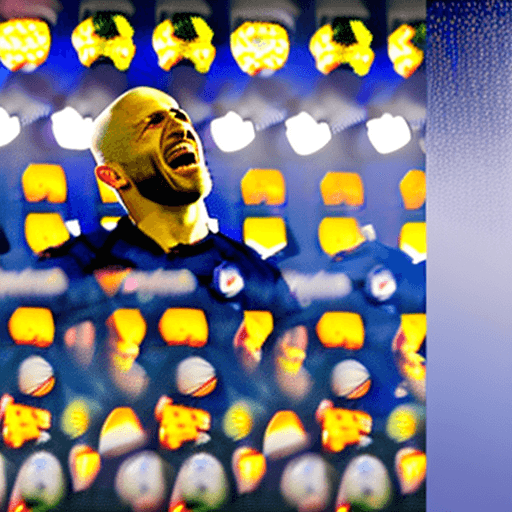 AI generated: hyper realistic photo of bald leicester city football player, aged 35, celebrating, under floodlight...