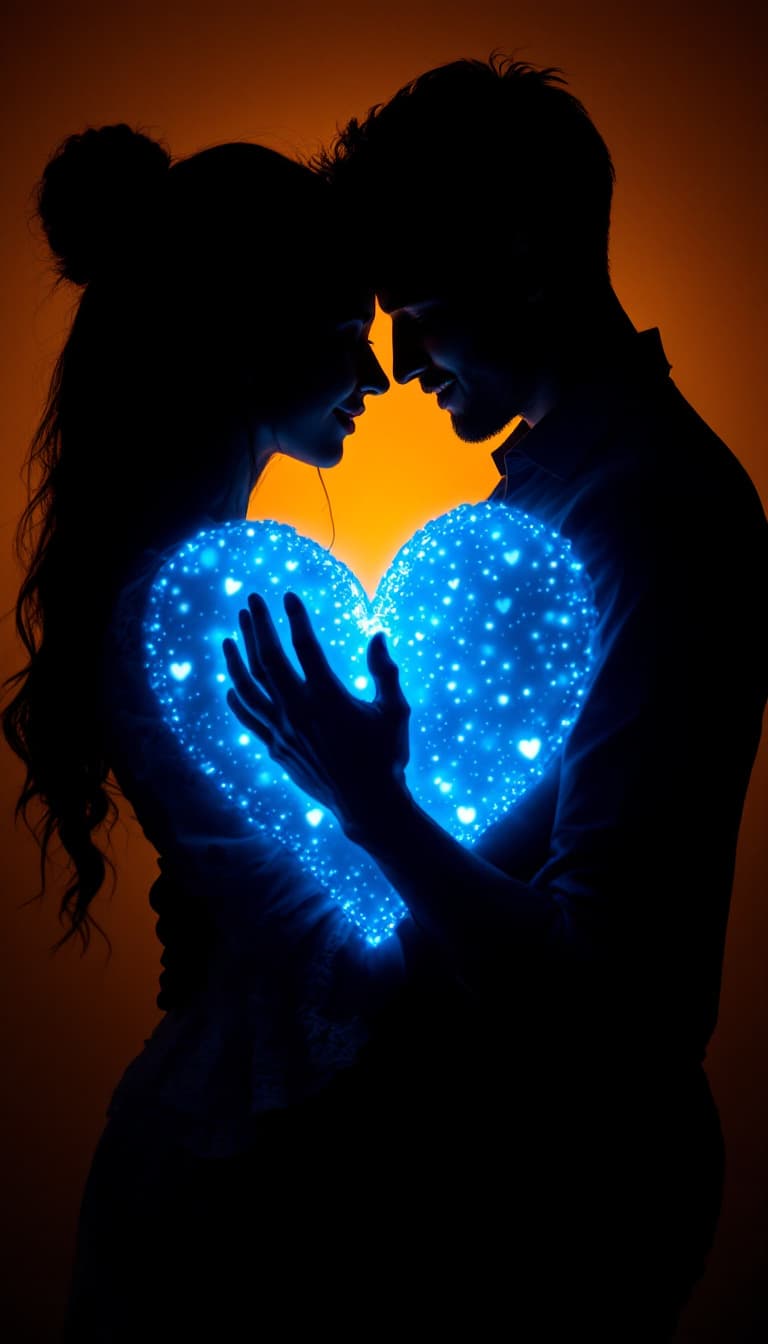 AI generated: A couple intertwined in a passionate hug, their silhouettes illuminated by a warm, blue heartshaped ...