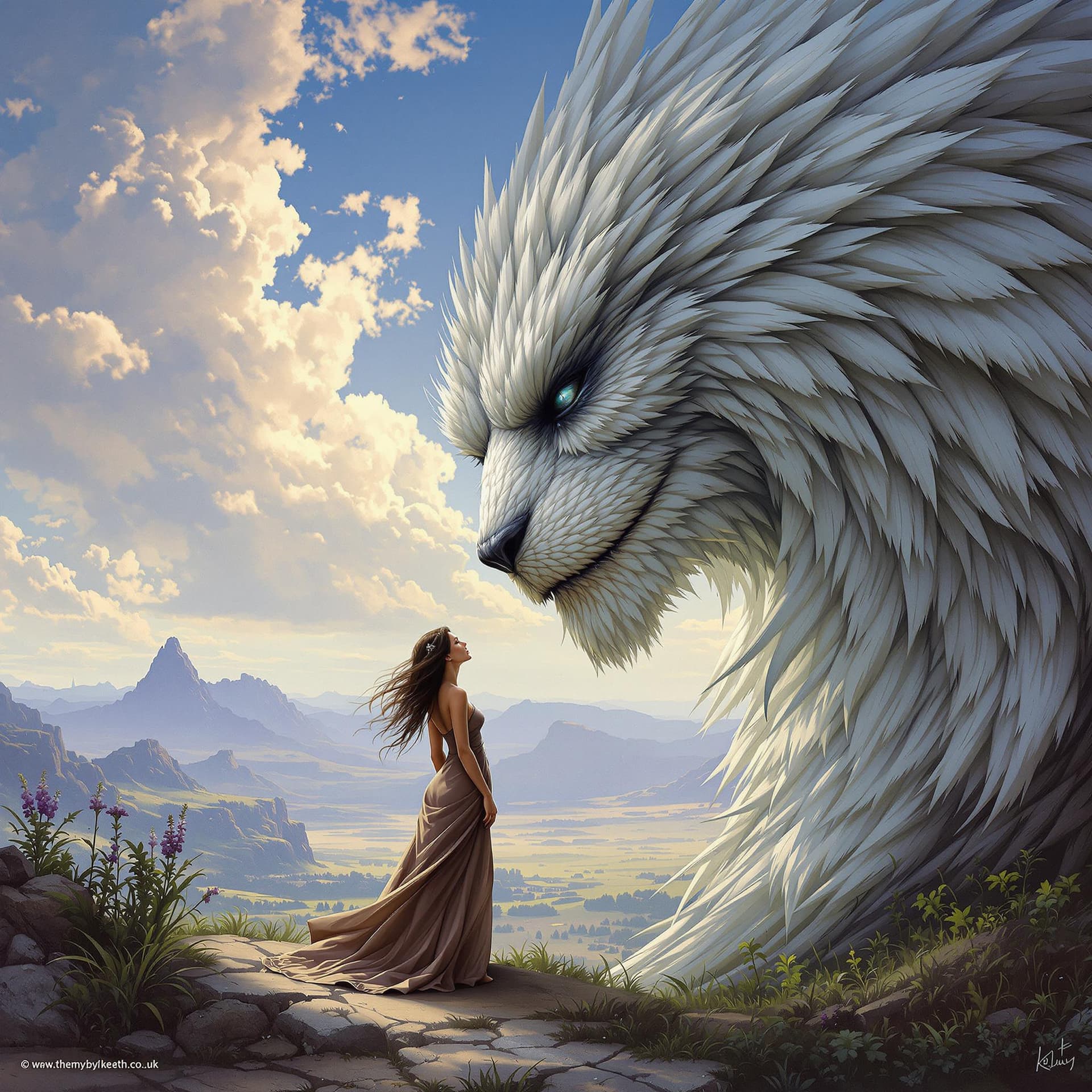 AI generated: Woman looking, lovingly at the face of a gigantic feathered, kind, creature, in the hyper realistic ...